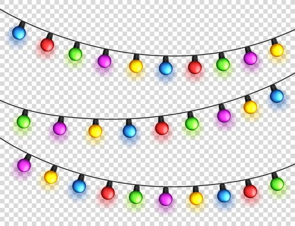 Christmas glowing lights. Garlands with colored bulbs. Xmas holidays. Christmas greeting card design element. New year,winter. — Stock Vector