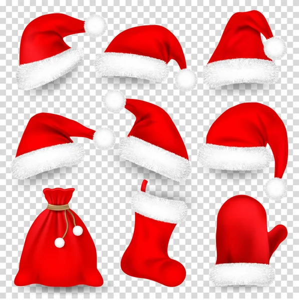 Natale Babbo Natale Cappelli Con Set Pelliccia, Mitten, Borsa, Sock. Cappello rosso di Capodanno isolato su sfondo bianco. Berretto invernale. Illustrazione vettoriale . — Vettoriale Stock