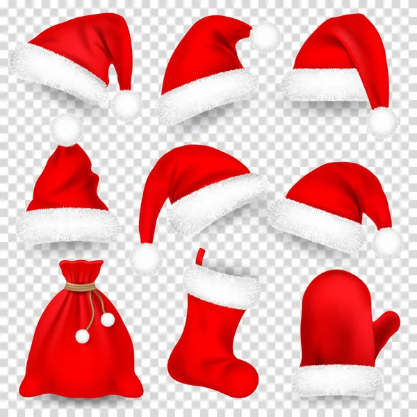 Christmas Santa Claus Hats With Fur Set, Mitten, Bag, Sock. New Year Red Hat Isolated on White Background. Winter Cap. Vector illustration. — Stock Vector