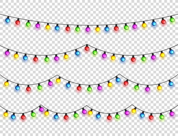 Christmas glowing lights. Garlands with colored bulbs. Xmas holidays. Christmas greeting card design element. New year,winter. — Stock Vector