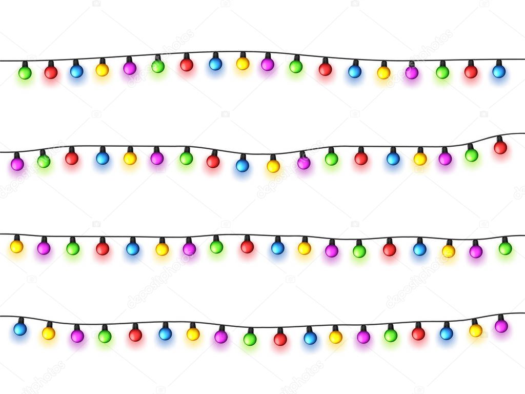 Christmas glowing lights on white background. Garlands with colored bulbs. Xmas holidays. Christmas greeting card design element. New year,winter.