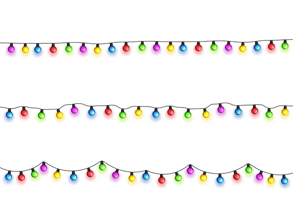 Kerstmis Gloeiende Lichten Witte Achtergrond Slingers Met Gekleurde Bollen Kerstvakantie — Stockvector