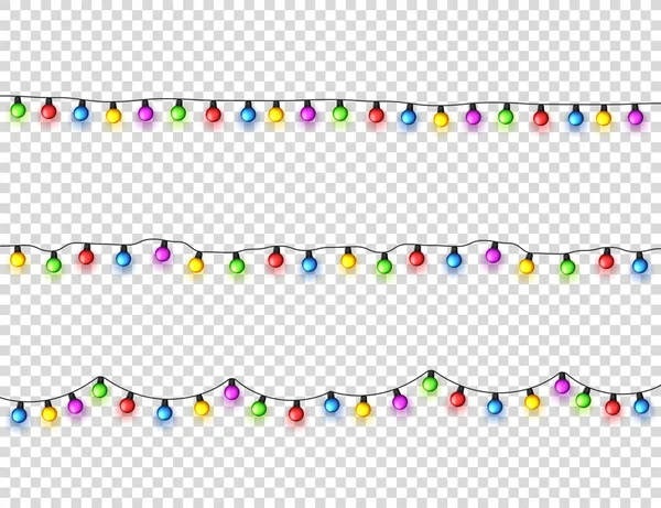 Luces brillantes de Navidad. Guirnaldas con pequeños bulbos de colores. Vacaciones de Navidad. Elemento de diseño de tarjeta de felicitación navideña. Año nuevo, invierno . — Vector de stock