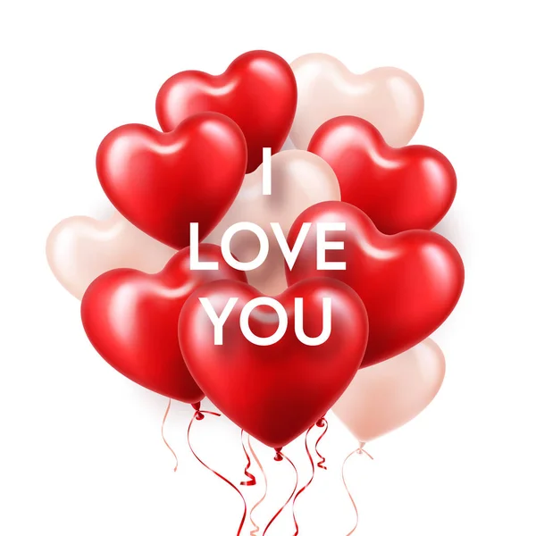 Valentines Day Background With White Red Heart Balloons. Romantic Wedding Love Greeting Card. February 14. — Stock Vector