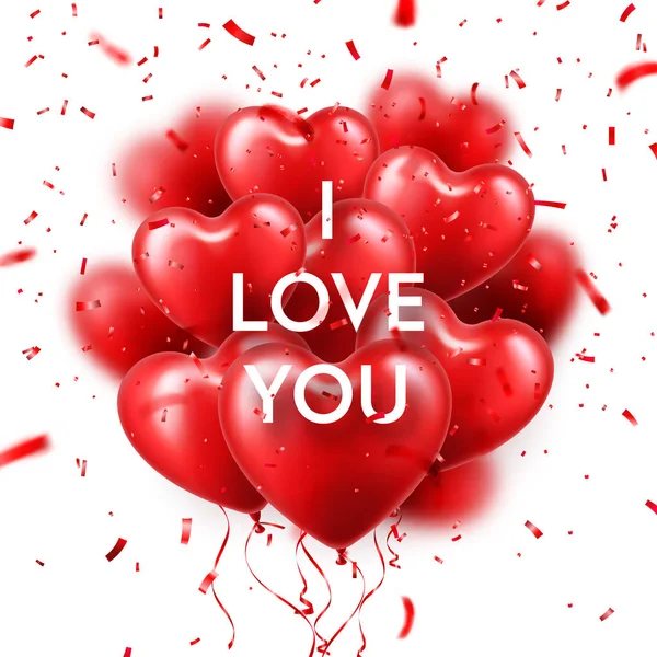 Dia dos Namorados fundo com balões de coração vermelho e Confetti. Casamento romântico amor cartão de saudação. 14 de Fevereiro . —  Vetores de Stock