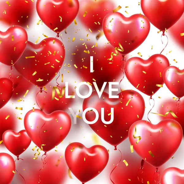 Alla hjärtans dag bakgrund med rött hjärta ballonger och gyllene konfetti. Romantiskt bröllop kärlek gratulationskort Card. 14 februari. — Stock vektor