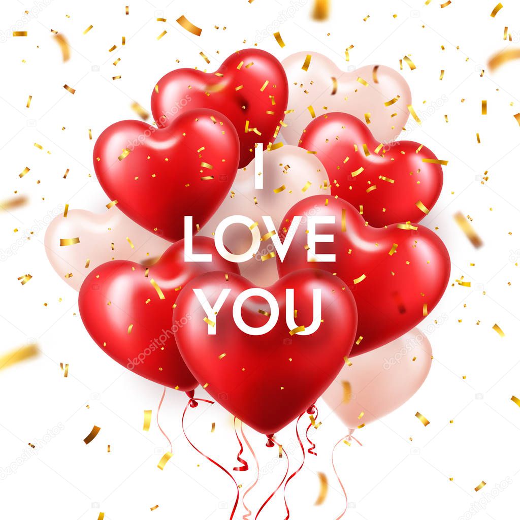 Valentines Day Background With White Red Heart Balloons And Golden Confetti. Romantic Wedding Love Greeting Card. February 14.