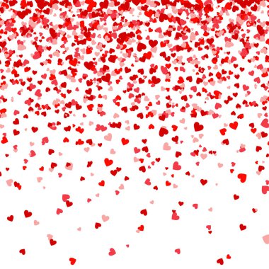 Sevgililer günü beyaz zemin üzerine kırmızı kalpler düşüyor. Kalp kağıt konfeti şeklinde. 14 Şubat tebrik kartı.