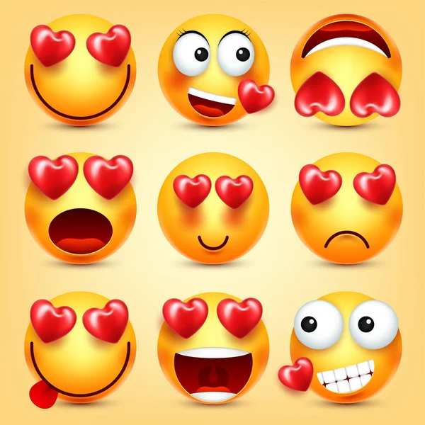 Emoji Smiley com Red Heart Vector Set. Dia dos Namorados Amarelo Cartoon Emoticons Rosto. Expressão de sentimento de amor . — Vetor de Stock