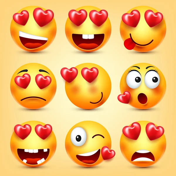 Emoji Smiley With Red Heart Vector Set. Valentines Day Yellow Cartoon Emoticons Face. Love Feeling Expression. — Stock Vector