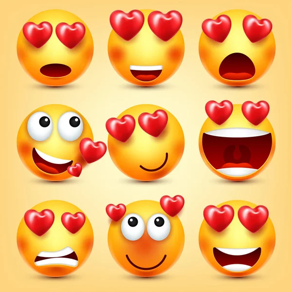 Emoji Smiley com Red Heart Vector Set. Dia dos Namorados Amarelo Cartoon Emoticons Rosto. Expressão de sentimento de amor . —  Vetores de Stock