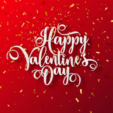 Sevgililer günü aşk ile altın konfeti yazı. 14 Şubat romantik tebrik kartı metin el yazısı. Vektör çizim.