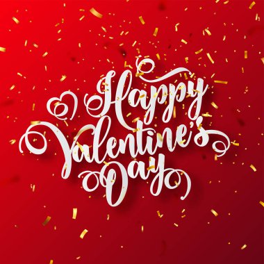 Altın konfeti ile Sevgililer günü aşk eğik yazı. 14 Şubat romantik tebrik kartı metin el yazısı. Vektör çizim.