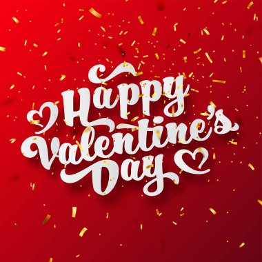 Altın konfeti ile Sevgililer günü aşk eğik yazı. 14 Şubat romantik tebrik kartı metin el yazısı. Vektör çizim.