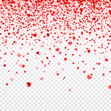 Sevgililer günü düşen kırmızı kalpler beyaz arka plan üzerinde bulanık. Kalp kağıt konfeti şeklinde. 14 Şubat tebrik kartı.