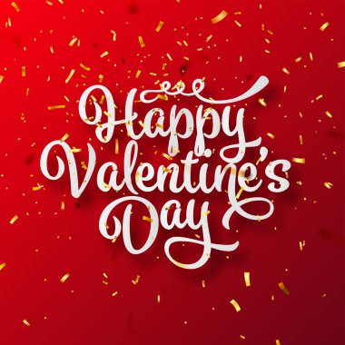 Sevgililer günü aşk ile altın konfeti yazı. 14 Şubat romantik tebrik kartı metin el yazısı. Vektör çizim.