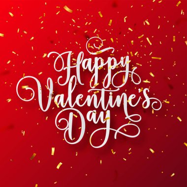 Sevgililer günü aşk ile altın konfeti yazı. 14 Şubat romantik tebrik kartı metin el yazısı. Vektör çizim.