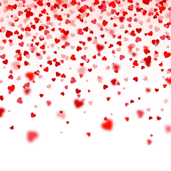 Alla hjärtans dag faller röda suddig hjärtan på vit bakgrund. Hjärtformade papper konfetti. 14 februari gratulationskort. — Stock vektor