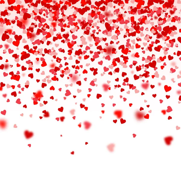 Día de San Valentín La caída de los corazones rojos borrosos sobre fondo blanco. Confetti de papel en forma de corazón. 14 de febrero Tarjeta de felicitación . — Vector de stock