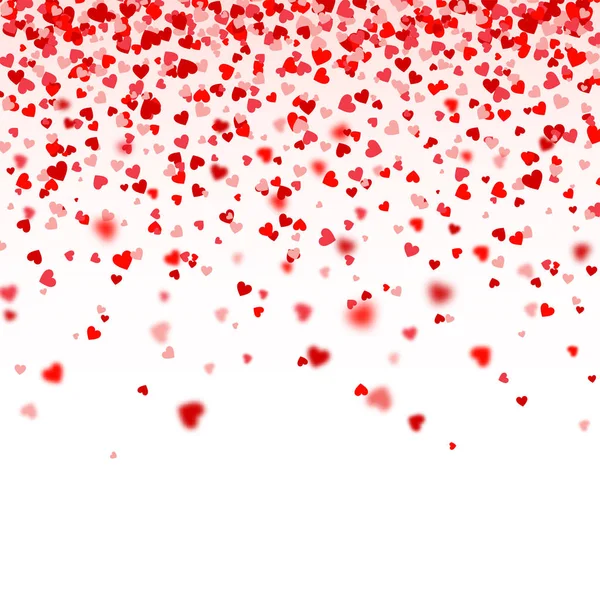Día de San Valentín La caída de los corazones rojos borrosos sobre fondo blanco. Confetti de papel en forma de corazón. 14 de febrero Tarjeta de felicitación . — Vector de stock