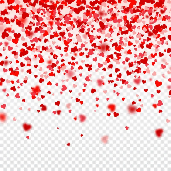 Día de San Valentín La caída de los corazones rojos borrosos sobre fondo blanco. Confetti de papel en forma de corazón. 14 de febrero Tarjeta de felicitación . — Vector de stock