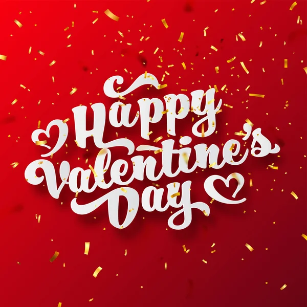 Valentines Day Love Oblique Lettering With Golden Confetti. February 14 Handwritten Romantic Greeting Card Text. Vector Illustration. — Stock Vector