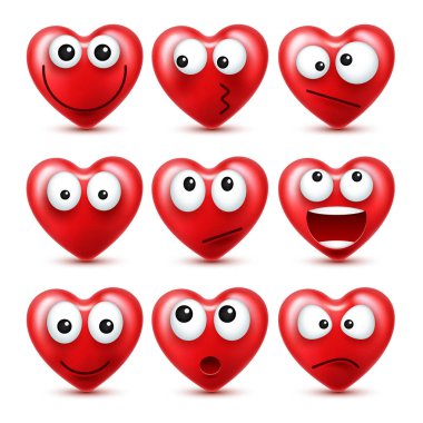 Sevgililer günü için kalp Smiley Emoji vektör kümesi. Komik kırmızı yüz ifadeleri ve duyguları ile. Aşk sembolü