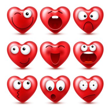 Sevgililer günü için kalp Smiley Emoji vektör kümesi. Komik kırmızı yüz ifadeleri ve duyguları ile. Aşk sembolü.