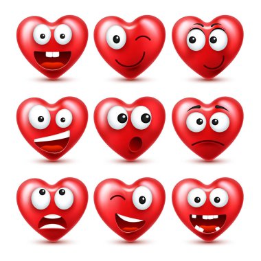 Sevgililer günü için kalp Smiley Emoji vektör kümesi. Komik kırmızı yüz ifadeleri ve duyguları ile. Aşk sembolü.