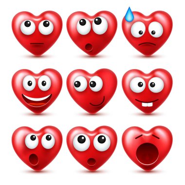 Sevgililer günü için kalp Smiley Emoji vektör kümesi. Komik kırmızı yüz ifadeleri ve duyguları ile. Aşk sembolü.