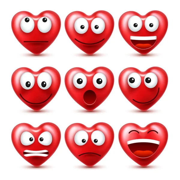 Heart Smiley Emoji Vector Set For Valentines Day. Funny Red Face With Expressions And Emotions. Love Symbol.