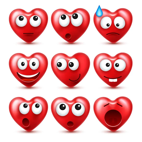Heart Smiley Emoji Vector Set per San Valentino. Faccia Rossa Divertente Con Espressioni ed Emozioni. Simbolo d'amore . — Vettoriale Stock
