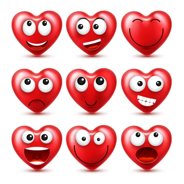 Serce Smiley Emoji wektor zestaw na Walentynki. Zabawna buzia czerwona z wyrażeń i emocje. Symbol miłości. — Wektor stockowy