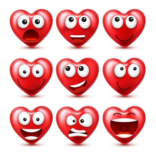 Srdce smajlík Emoji vektorové sada pro Valentines den. Legrační červený obličej s výrazy a emoce. Symbol lásky. — Stockový vektor