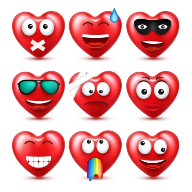 Sevgililer günü için kalp Smiley Emoji vektör kümesi. Komik kırmızı yüz ifadeleri ve duyguları ile. Aşk sembolü.