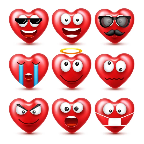 Herz-Smiley-Emoji-Vektorset für den Valentinstag. lustiges rotes Gesicht mit Gesichtsausdruck und Emotionen. Liebessymbol. — Stockvektor