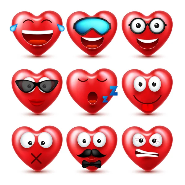 Heart Smiley Emoji Vector Set For Valentines Day. Funny Red Face With Expressions And Emotions. Love Symbol. — Stock Vector