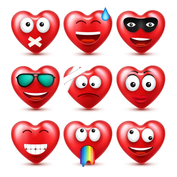 Heart Smiley Emoji Vector Set For Valentines Day. Funny Red Face With Expressions And Emotions. Love Symbol.