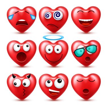 Sevgililer günü için kalp Smiley Emoji vektör kümesi. Komik kırmızı yüz ifadeleri ve duyguları ile. Aşk sembolü.