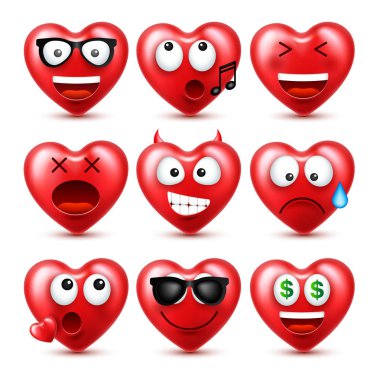 Sevgililer günü için kalp Smiley Emoji vektör kümesi. Komik kırmızı yüz ifadeleri ve duyguları ile. Aşk sembolü.