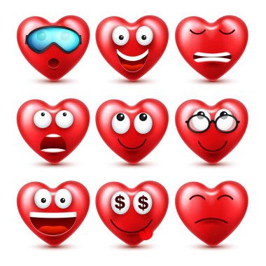Sevgililer günü için kalp Smiley Emoji vektör kümesi. Komik kırmızı yüz ifadeleri ve duyguları ile. Aşk sembolü.