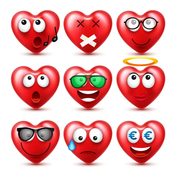Serce Smiley Emoji wektor zestaw na Walentynki. Zabawna buzia czerwona z wyrażeń i emocje. Symbol miłości. — Wektor stockowy