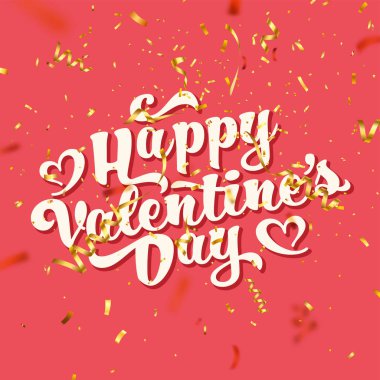 Altın konfeti ile Sevgililer günü aşk eğik yazı. 14 Şubat romantik tebrik kartı metin el yazısı. Vektör çizim.