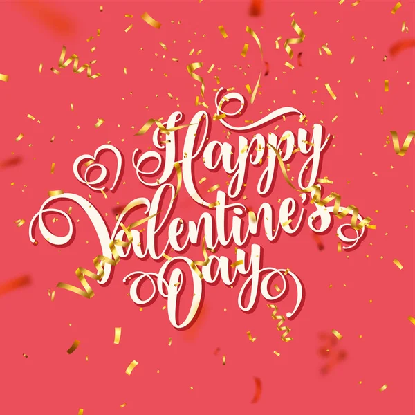 San Valentín Amor Oblique Lettering With Golden Confetti. Febrero 14 Texto de la tarjeta de felicitación romántica manuscrita. Ilustración vectorial . — Vector de stock