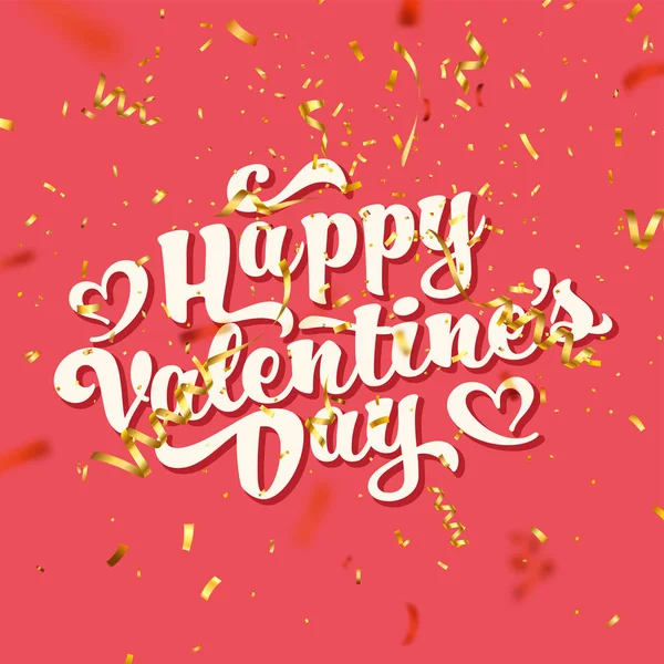 San Valentín Amor Oblique Lettering With Golden Confetti. Febrero 14 Texto de la tarjeta de felicitación romántica manuscrita. Ilustración vectorial . — Vector de stock