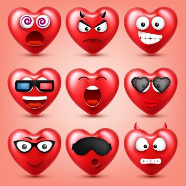 Sevgililer günü için kalp Smiley Emoji vektör kümesi. Komik kırmızı yüz ifadeleri ve duyguları ile. Aşk sembolü.