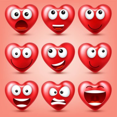 Sevgililer günü için kalp Smiley Emoji vektör kümesi. Komik kırmızı yüz ifadeleri ve duyguları ile. Aşk sembolü.