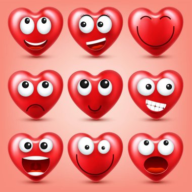 Sevgililer günü için kalp Smiley Emoji vektör kümesi. Komik kırmızı yüz ifadeleri ve duyguları ile. Aşk sembolü.
