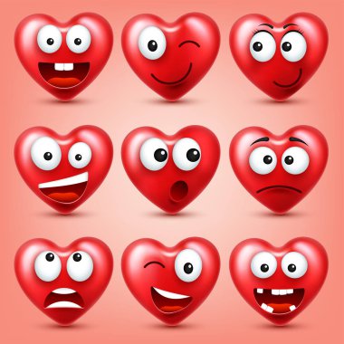 Sevgililer günü için kalp Smiley Emoji vektör kümesi. Komik kırmızı yüz ifadeleri ve duyguları ile. Aşk sembolü.