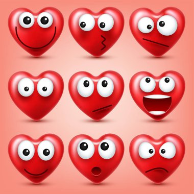 Sevgililer günü için kalp Smiley Emoji vektör kümesi. Komik kırmızı yüz ifadeleri ve duyguları ile. Aşk sembolü.